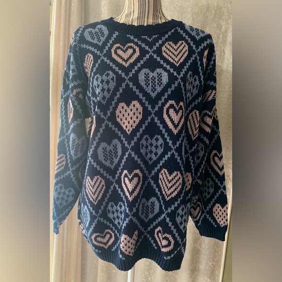 Sweaters - Vintage Style Grandmacore Stitched Hearts Crew Neck Sweater Size L/XL